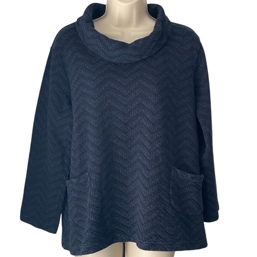 Komil‎ Aberdeen Weave XL Blue Textured Cotton Cowl Neck Pocket Top